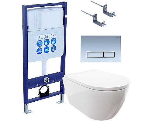 Комплект унитаза с инсталляцией Aquatek Set Aquatek Поларис-024 4в1 с сиденьем Микролифт и клавишей смыва Хром матовый