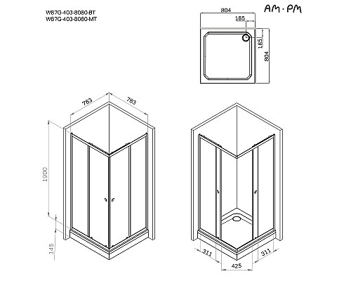Душевой уголок AM.PM Sunny 80х80 W87G-403-8080-BT профиль Черный матовый стекло прозрачное