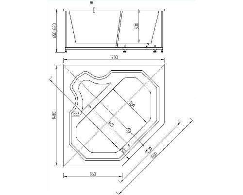 Акриловая ванна Aquatek Лира 148x148 LIR150-0000032 без гидромассажа с фронтальной панелью с каркасом (вклеенный) со слив-переливом