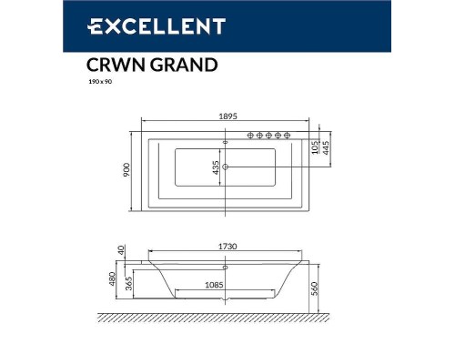 Акриловая ванна Excellent Crown Grand 190x90 WAEX.CRG19.SMART.CR с гидромассажем