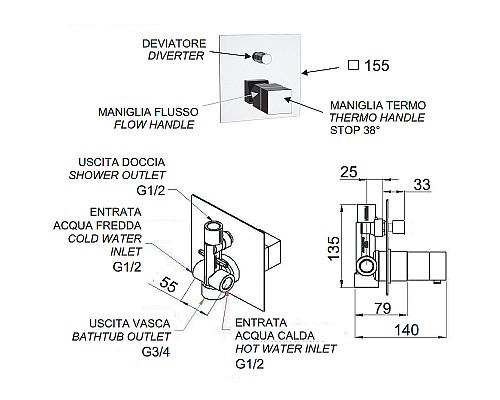 Смеситель для душа Remer Qubica Thermo QT09 с термостатом Хром