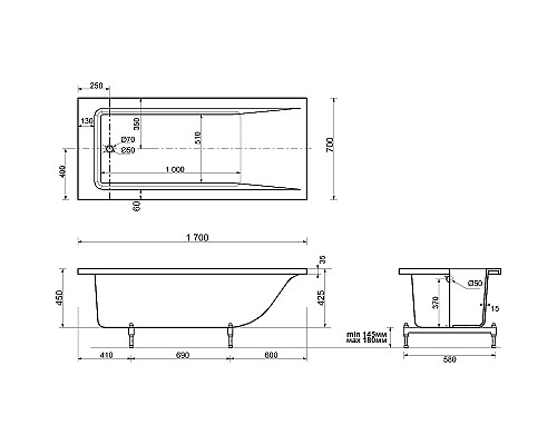 Ванна из искусственного камня STWORKI Ольборг 170x70 ФР-00014088 без гидромассажа