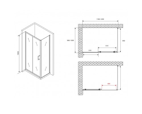 Душевой уголок Abber Schwarzer Diamant 120x100 профиль Черный стекло прозрачное