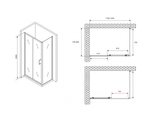Душевой уголок Abber Schwarzer Diamant 120x80 профиль Черный стекло прозрачное