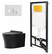 Комплект унитаза с инсталляцией Point Вега 886914GBO1+PN41711BM Черный матовый с сиденьем Микролифт и Белой клавишей смыва