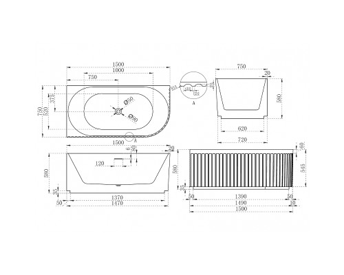 Акриловая ванна Abber 150х75 AB9412-1.5 L без гидромассажа