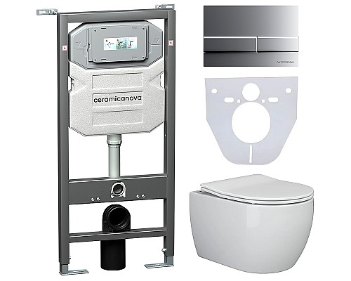 Комплект унитаза с инсталляцией Ceramicanova Play CN3001_1002M_1000 с сиденьем Микролифт и клавишей смыва Хром матовый