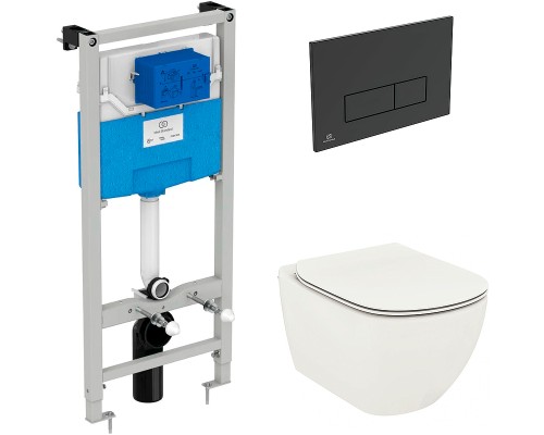 Комплект унитаза с инсталляцией Ideal Standard Tesi Aqua Blade с сиденьем Микролифт и Черной матовой клавишей смыва