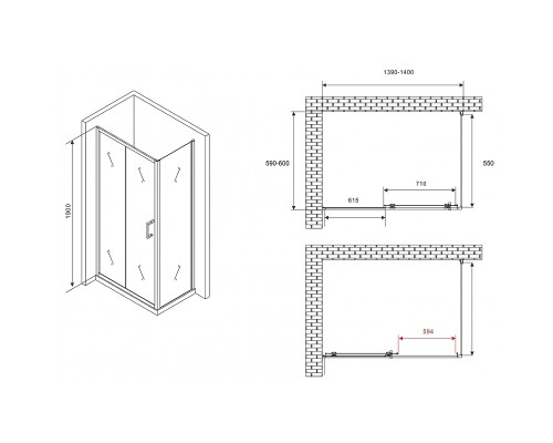 Душевой уголок Abber Schwarzer Diamant 140x60 профиль Хром стекло прозрачное