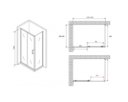 Душевой уголок Abber Schwarzer Diamant 150x50 профиль Черный стекло прозрачное