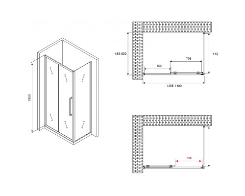 Душевой уголок Abber Schwarzer Diamant 140x50 профиль Черный стекло прозрачное