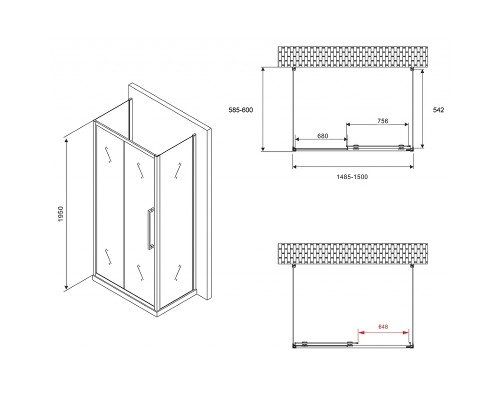 Душевой уголок Abber Schwarzer Diamant 150x60 профиль Черный стекло прозрачное
