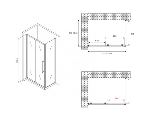 Душевой уголок Abber Schwarzer Diamant 140x100 профиль Черный стекло матовое