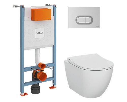 Комплект унитаза с инсталляцией Vitra Mia Round SmoothFlush 9856B003-7200 с сиденьем Микролифт и клавишей смыва Хром матовый