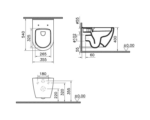 Комплект унитаза с инсталляцией Vitra Mia Round SmoothFlush 9856B003-7200 с сиденьем Микролифт и клавишей смыва Хром матовый
