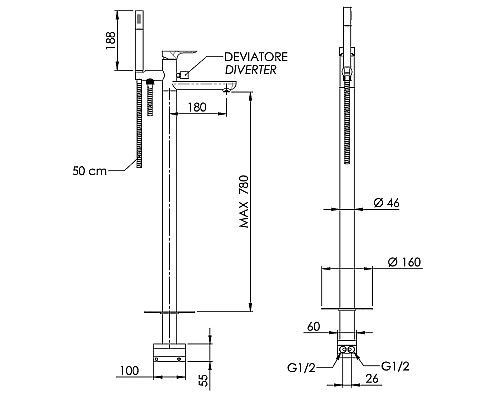 Смеситель для ванны Remer Infinity I08CFP Черный брашированный хром