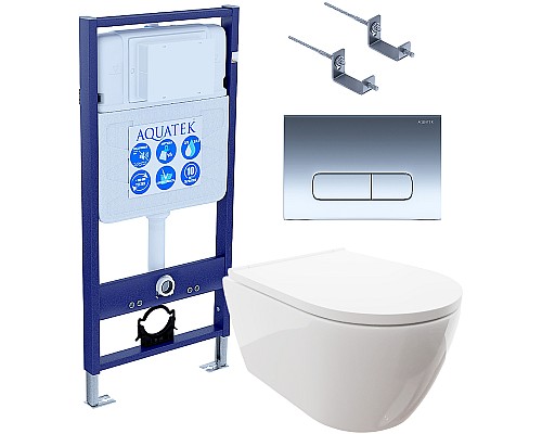 Комплект унитаза с инсталляцией Aquatek Set Aquatek Поларис-016 4в1 с сиденьем Микролифт и клавишей смыва Хром глянцевый