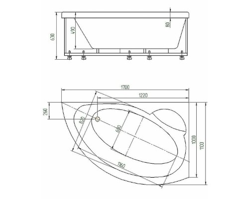Акриловая ванна Aquatek Аякс 2 170x100 L AYK170-0000085 без гидромассажа с фронтальной панелью с каркасом (вклеенный) со слив-переливом