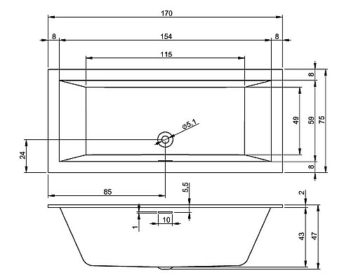 Акриловая ванна Riho Rething Cubic 170х75 B105001005 (BR0700500000000) без гидромассажа Акриловая ванна Riho Rething Cubic 170х75 B105001005 (BR0700500000000) без гидромассажа