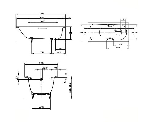 Стальная ванна Kaldewei Saniform Plus Star 336 170х75 133630003001 с покрытием Аnti-slip и Easy-clean с отверстиями под ручки