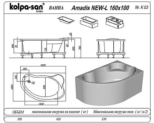 Акриловая ванна Kolpa San Amadis 160х100 R 567330 без гидромассажа