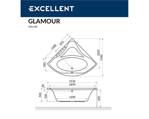 Акриловая ванна Excellent Glamour 150x150 с гидромассажем