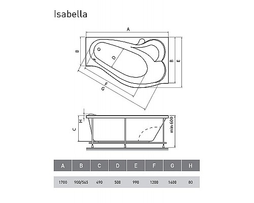 Акриловая ванна Relisan Isabella 170х90 R Гл000010530 без гидромассажа