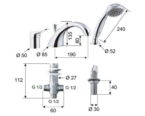 Смеситель на борт ванны Remer Kiss K07 Хром