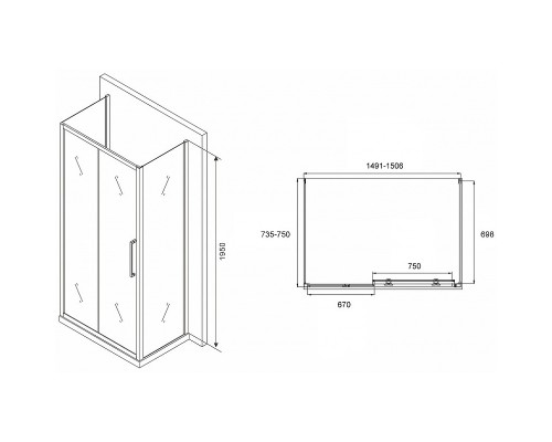 Душевой уголок Abber Schwarzer Diamant 150x75 профиль Хром стекло матовое