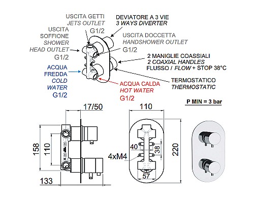Смеситель для душа Remer Minimal Thermo NT93 с термостатом Хром