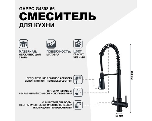 Смеситель для кухни Gappo G4398-66 Черный матовый
