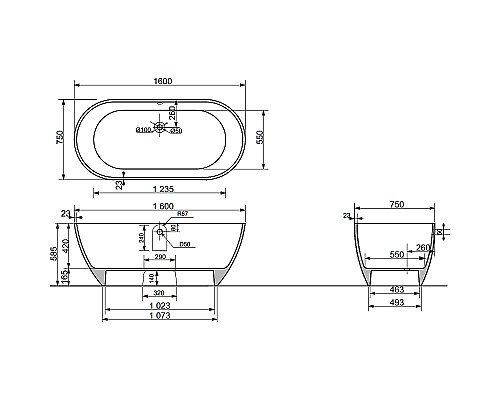 Ванна из искусственного камня STWORKI Берген 160х75 ФР-00014095 без гидромассажа