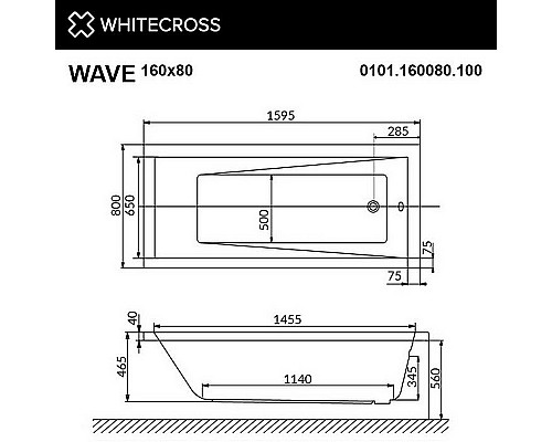 Акриловая ванна Whitecross Wave 160x80 0101.160080.100 без гидромассажа Акриловая ванна Whitecross Wave 160x80 0101.160080.100 без гидромассажа