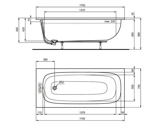 Акриловая ванна Ideal Standard I.Life 170x75 без гидромассажа