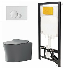 Комплект унитаза с инсталляцией Point Вега 886914GBO1+PN41711GM Серый матовый с сиденьем Микролифт и Белой клавишей смыва