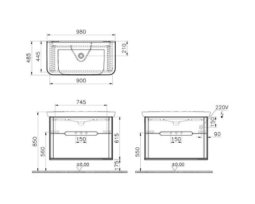 Тумба с раковиной Vitra Sento 100 60838 подвесная Антрацит матовый