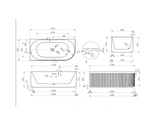 Акриловая ванна Abber 170х80 AB9412-1.7 L без гидромассажа