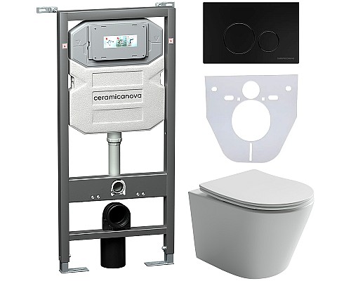 Комплект унитаза с инсталляцией Ceramicanova Balearica CN6000_1001B_1000 с сиденьем Микролифт и Черной матовой клавишей смыва
