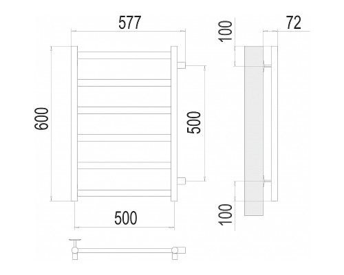 Водяной полотенцесушитель Terminus Аврора П6 500х600 бп500 4670078529886 Хром, боковое подключение, G 1" НР