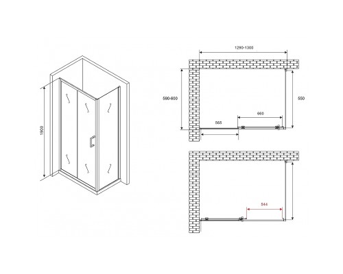 Душевой уголок Abber Schwarzer Diamant 130x60 профиль Черный стекло прозрачное