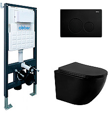 Комплект унитаза с инсталляцией Abber Bequem AC1100MB-AC0105-AC0121MB с сиденьем Микролифт и Черной матовой клавишей смыва
