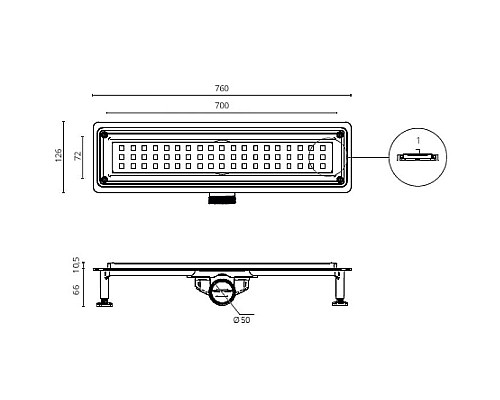Душевой лоток Ctesi Flow Square Gold 70 BK4024640/1 с решеткой Золото