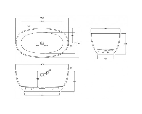 Ванна из искусственного камня Abber Stein 140x78 AS9641-1.4 без гидромассажа