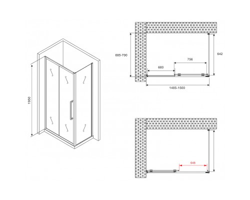Душевой уголок Abber Schwarzer Diamant 150x70 профиль Черный стекло матовое
