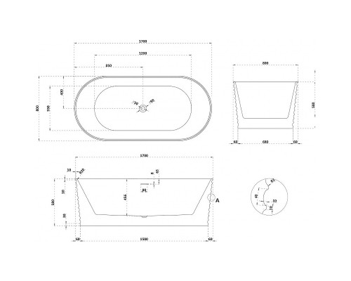 Ванна из искусственного камня Abber Stein 170x80 AS9650 без гидромассажа