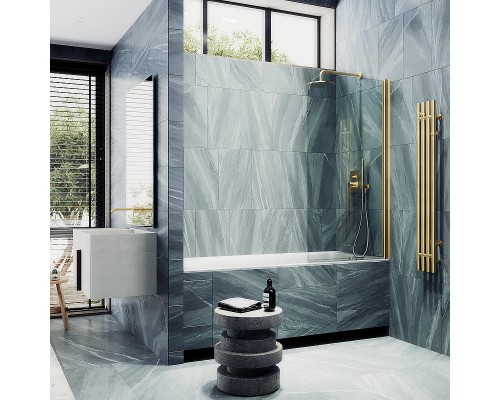 Шторка на ванну Maybah Glass MGV-600-3 800x1400 поворотная на монопетле Золото стекло прозрачное