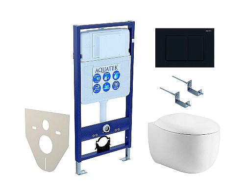 Комплект унитаза с инсталляцией Aquatek Set Aquatek Альтаир cm-012 4в1 с сиденьем Микролифт и Черной матовой клавишей смыва