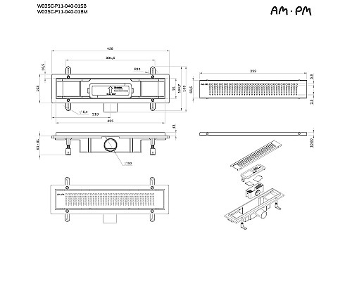Душевой лоток AM.PM PrimeFlow 40 W02SC-P11-040-01BM с Черной матовой решеткой Cut Gradient