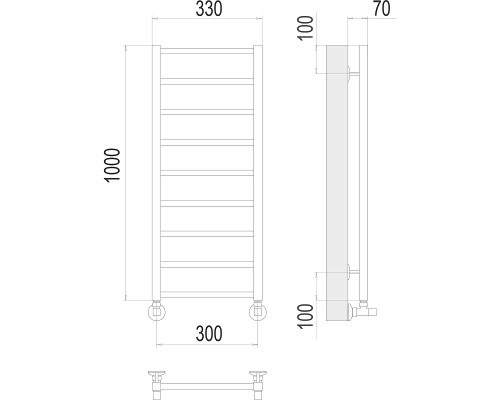 Водяной полотенцесушитель Terminus Контур П9 300х1000 4670078529664 Хром, нижнее подключение, G 1/2" ВР, с угловым соединением