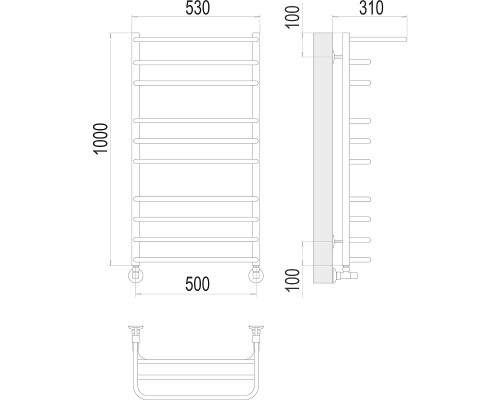 Водяной полотенцесушитель Terminus Арктур П10 500х1000 4670078529459 с полкой Хром, нижнее подключение, G 1/2" ВР, с угловым соединением